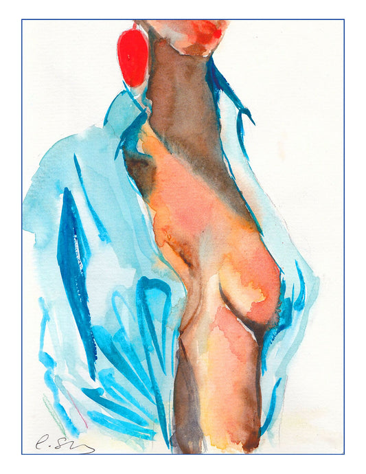 Watercolour portrait of a woman wearing a blue denim shirt printed onto 100% Cotton matte velvet finish 310gsm Hahnemühle German Etching paper