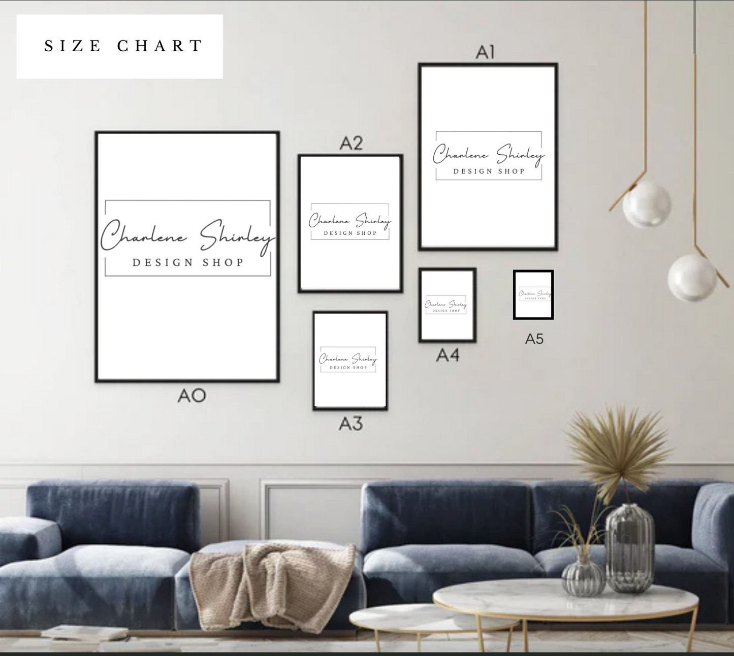 Wall display showing A5 to A0 frame sizes for visual size comparison