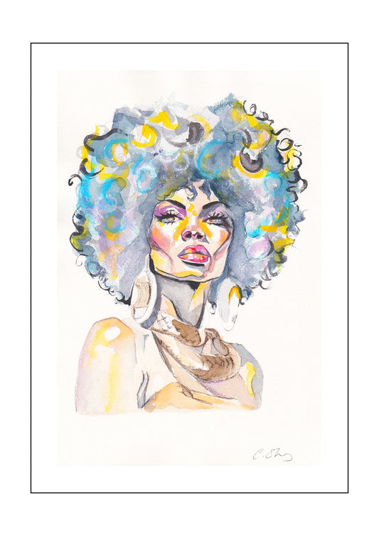 Watercolour portrait of a black woman printed onto 100% Cotton matte velvet finish 310gsm Hahnemühle German Etching paper.