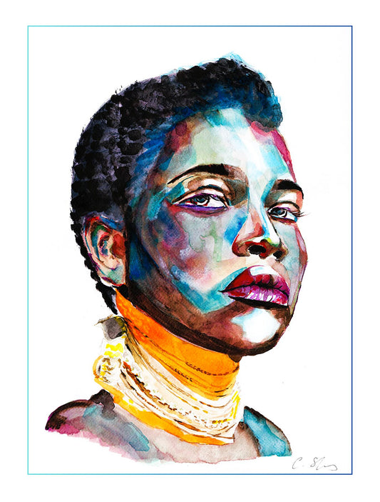 Watercolour portrait of a black woman printed onto 100% Cotton matte velvet finish 310gsm Hahnemühle German Etching paper. 