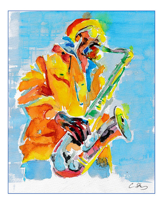 Watercolour portrait of a black man playing the saxophone printed onto 100% Cotton matte velvet finish 310gsm Hahnemühle German Etching paper. 