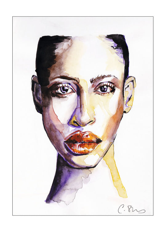 Purple and gold watercolour portrait of a Black woman with expressive brushstrokes, printed as a giclée fine art artwork