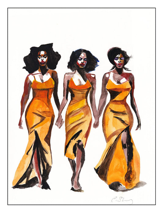 Watercolour portrait of three women symbolising sisterhood and feminine energy, printed as a giclée fine art print.